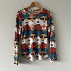 Southwestern Ribbed Long Sleeve Top Womens XL Rodeo Farm Boho Festival Native
